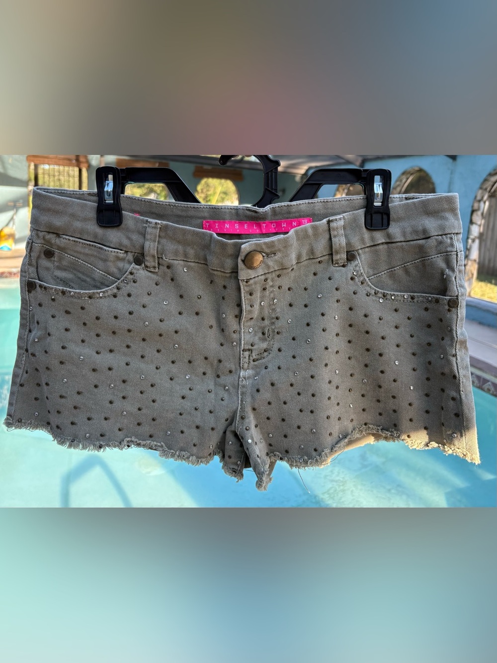 Tinseltown Olive Green Studded Denim Cutoff Shorts